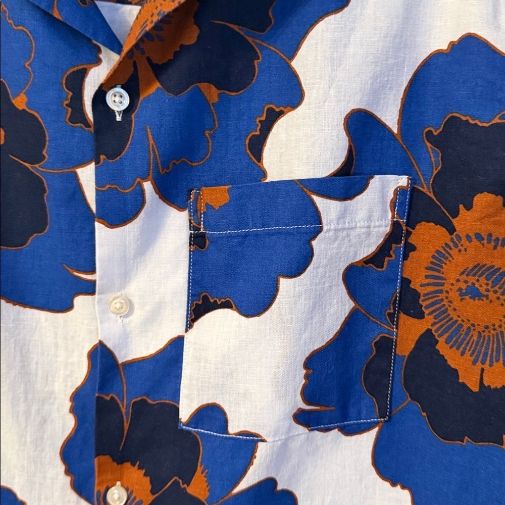 Gap Linen Blend Short Sleeve Button Down Shirt Men's L Blue Orange Floral Vacati - Picture 6 of 12